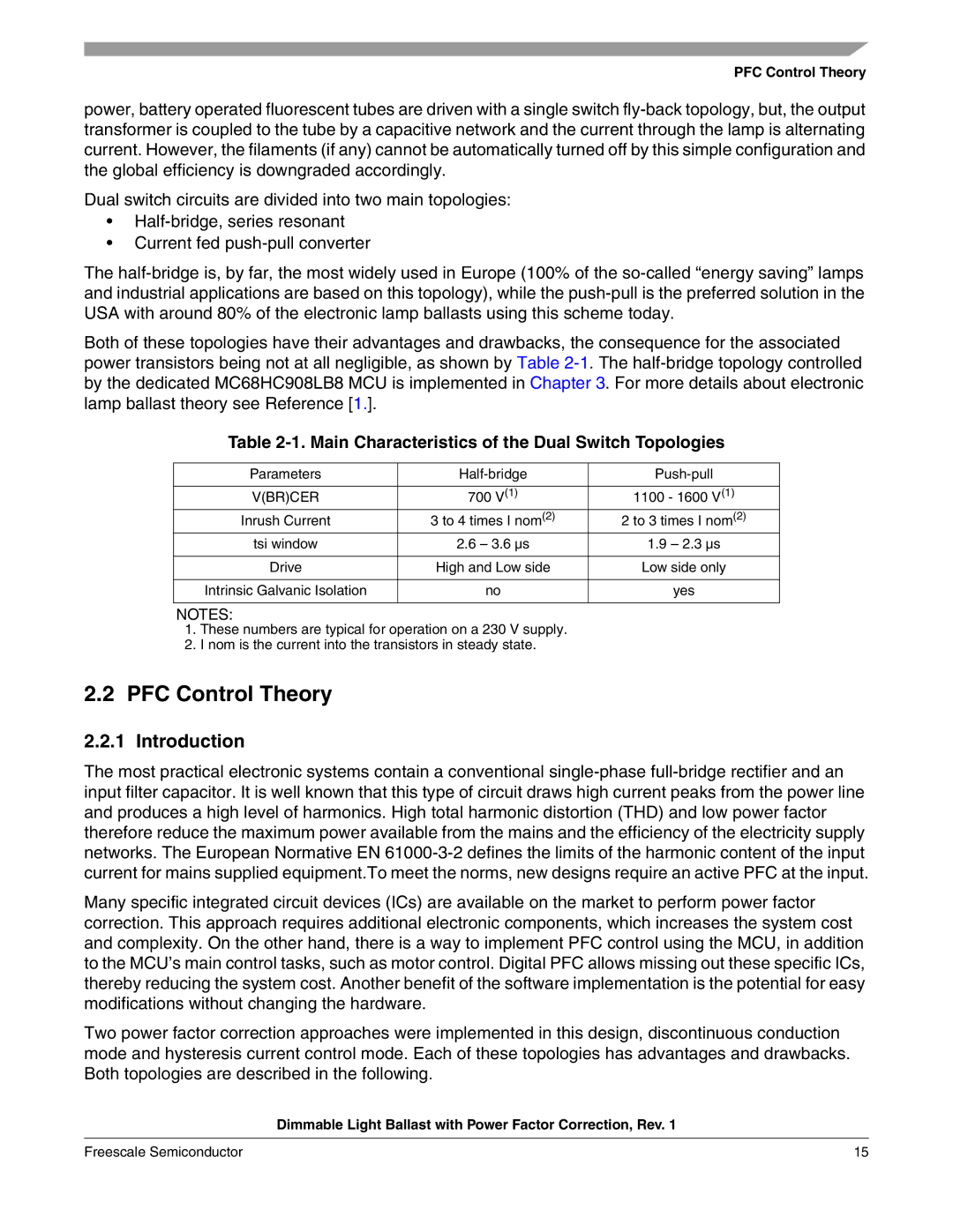 Freescale Semiconductor M68HC08 manual PFC Control Theory, Main Characteristics of the Dual Switch Topologies 