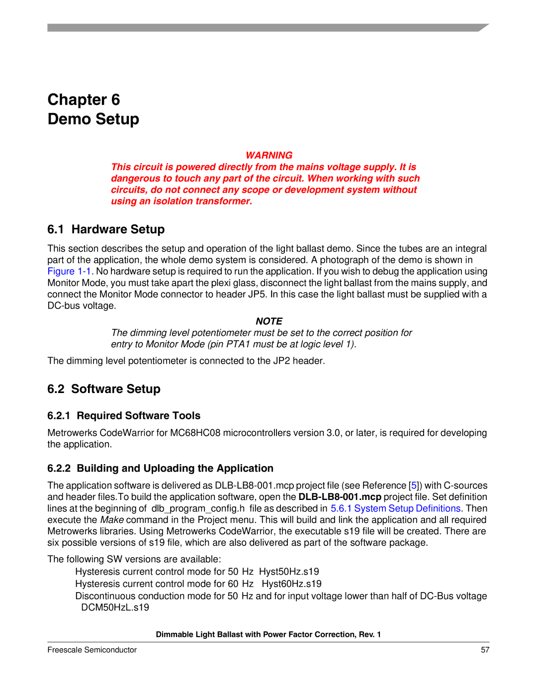 Freescale Semiconductor M68HC08 manual Hardware Setup, Software Setup, Required Software Tools 