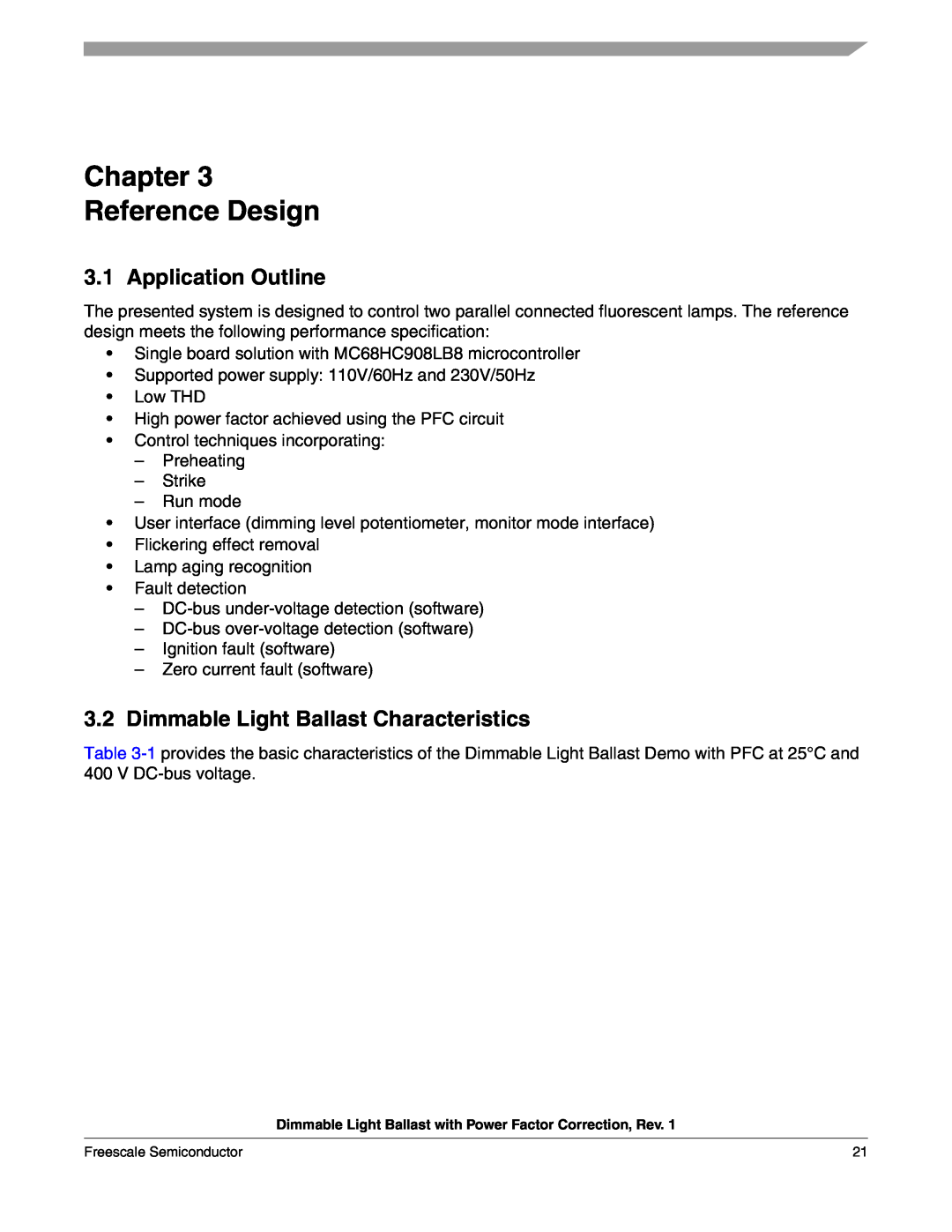 Freescale Semiconductor M68HC08 Chapter Reference Design, Application Outline, Dimmable Light Ballast Characteristics 