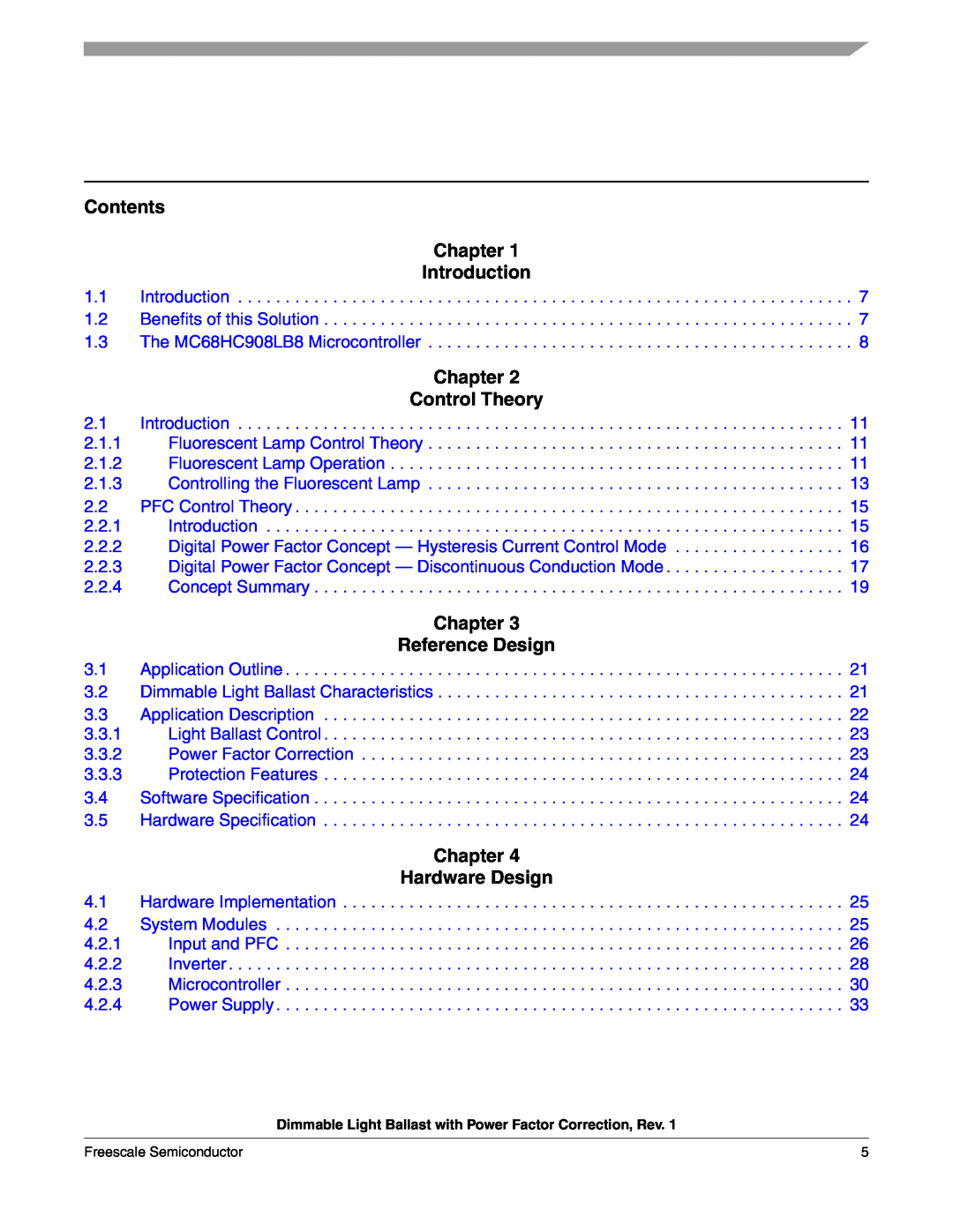 Freescale Semiconductor M68HC08 manual Contents Chapter Introduction, Chapter Control Theory, Chapter Reference Design 