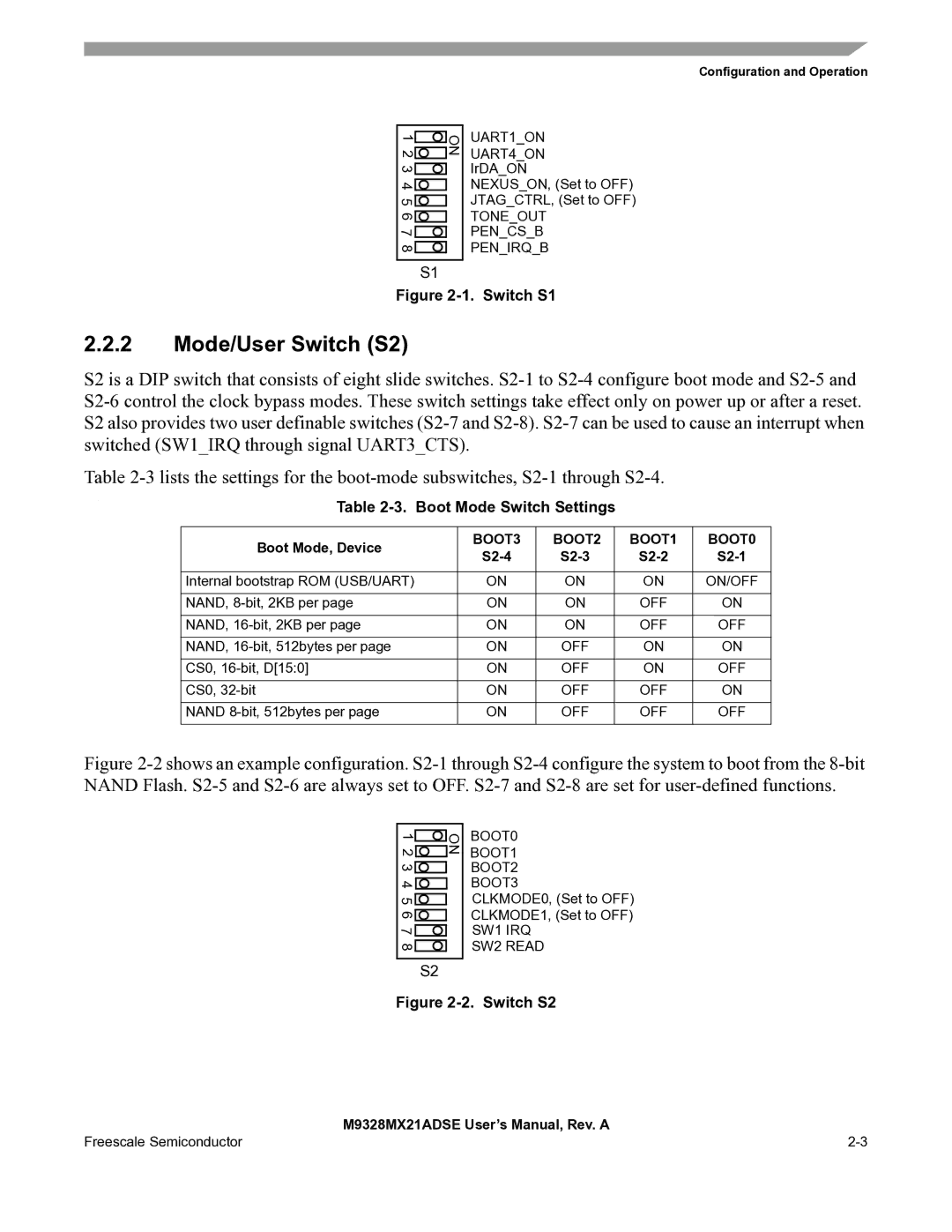 Freescale Semiconductor M9328MX21ADSE user manual Mode/User Switch S2, Boot Mode Switch Settings, Boot Mode, Device, S2-3 