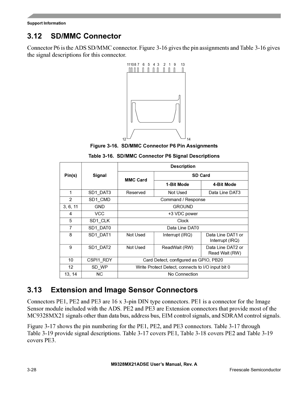 Freescale Semiconductor M9328MX21ADSE user manual 12 SD/MMC Connector, Extension and Image Sensor Connectors 