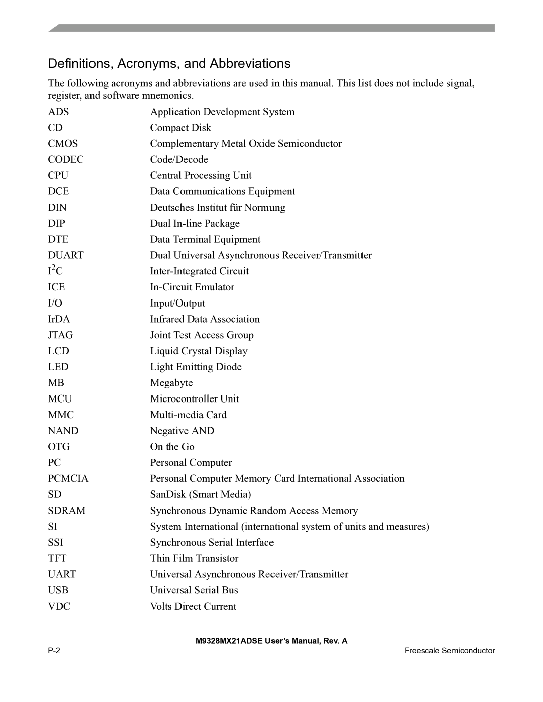 Freescale Semiconductor M9328MX21ADSE user manual Definitions, Acronyms, and Abbreviations 