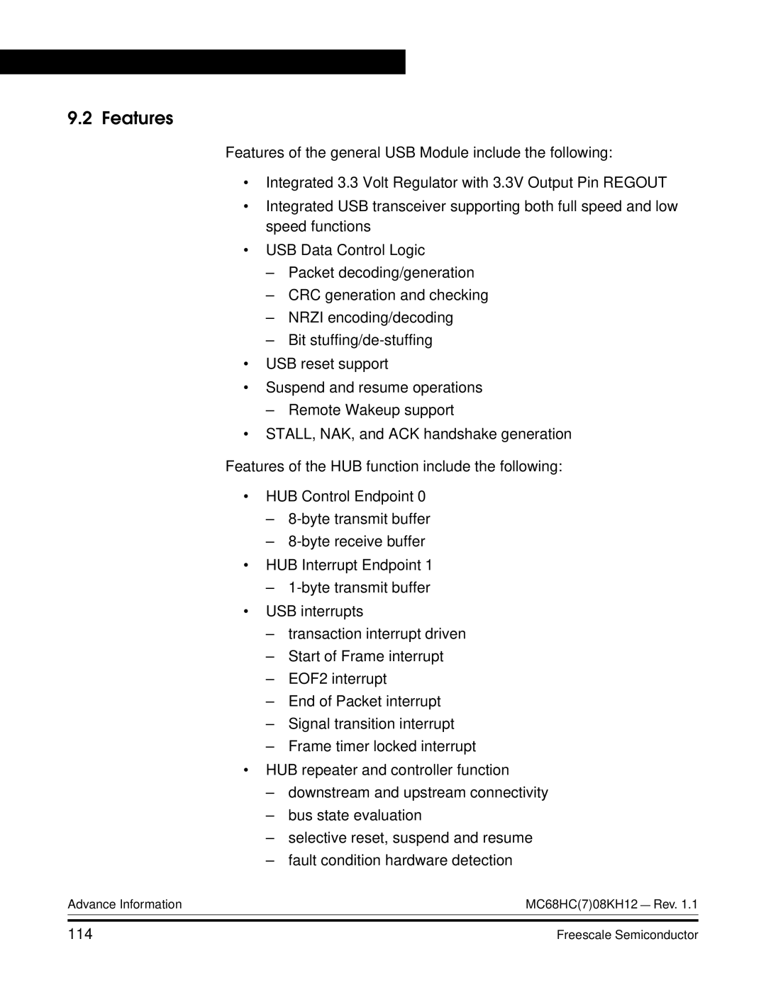 Freescale Semiconductor MC68HC08KH12 manual Features, 114 