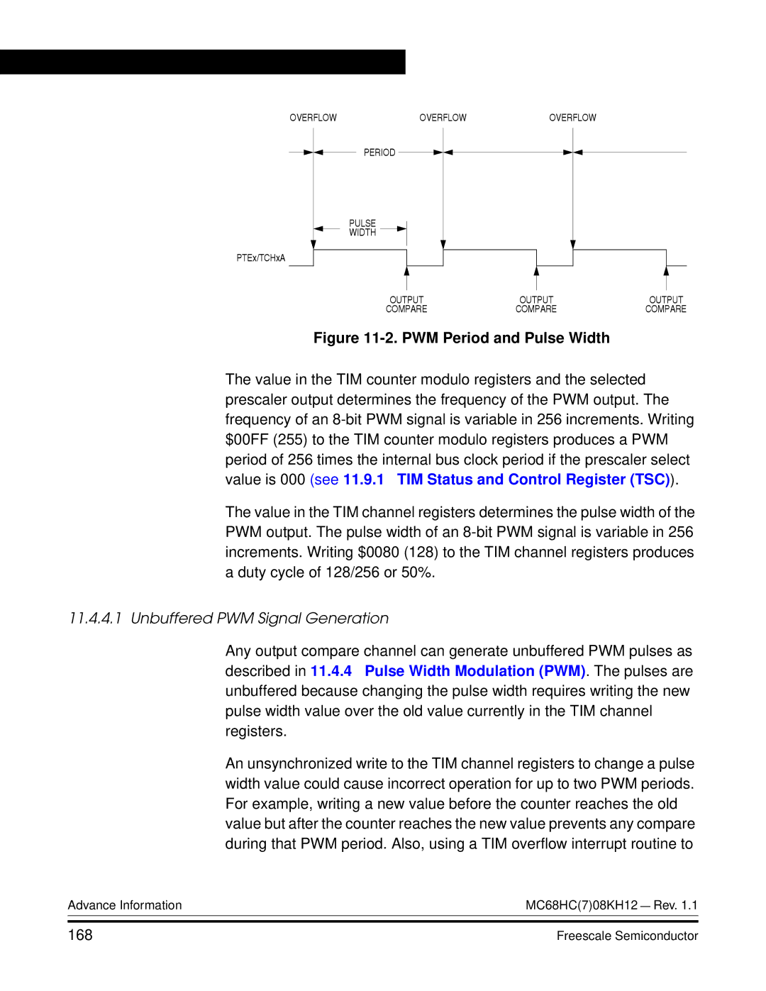 Freescale Semiconductor MC68HC08KH12 manual Unbuffered PWM Signal Generation, 168 