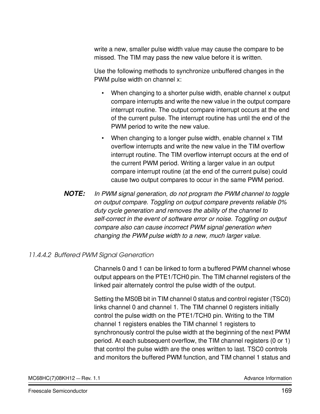 Freescale Semiconductor MC68HC08KH12 manual Buffered PWM Signal Generation, 169 