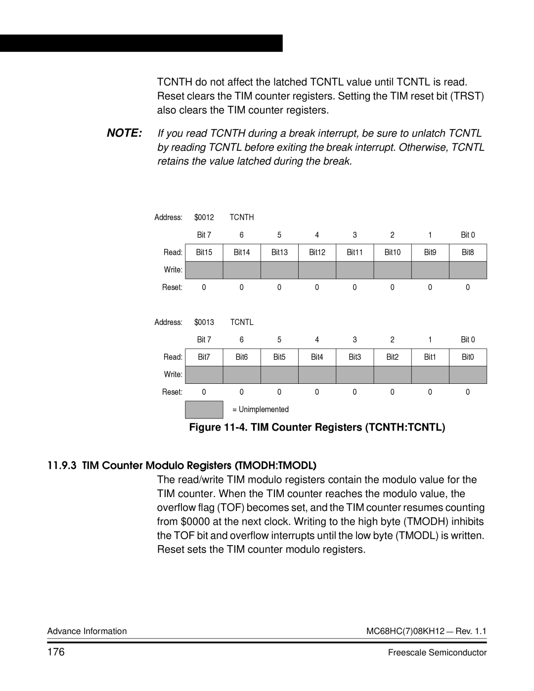 Freescale Semiconductor MC68HC08KH12 manual TIM Counter Registers Tcnthtcntl, 176 