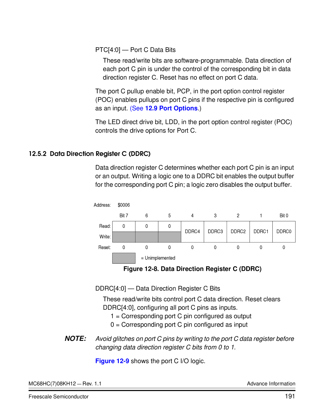 Freescale Semiconductor MC68HC08KH12 manual Data Direction Register C Ddrc, 191 