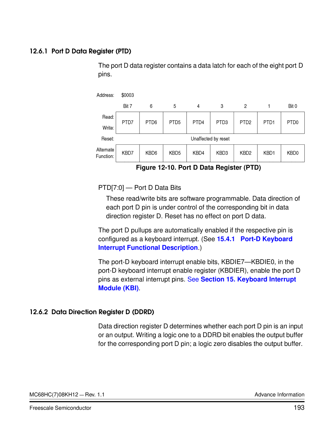 Freescale Semiconductor MC68HC08KH12 manual Port D Data Register PTD, 193 