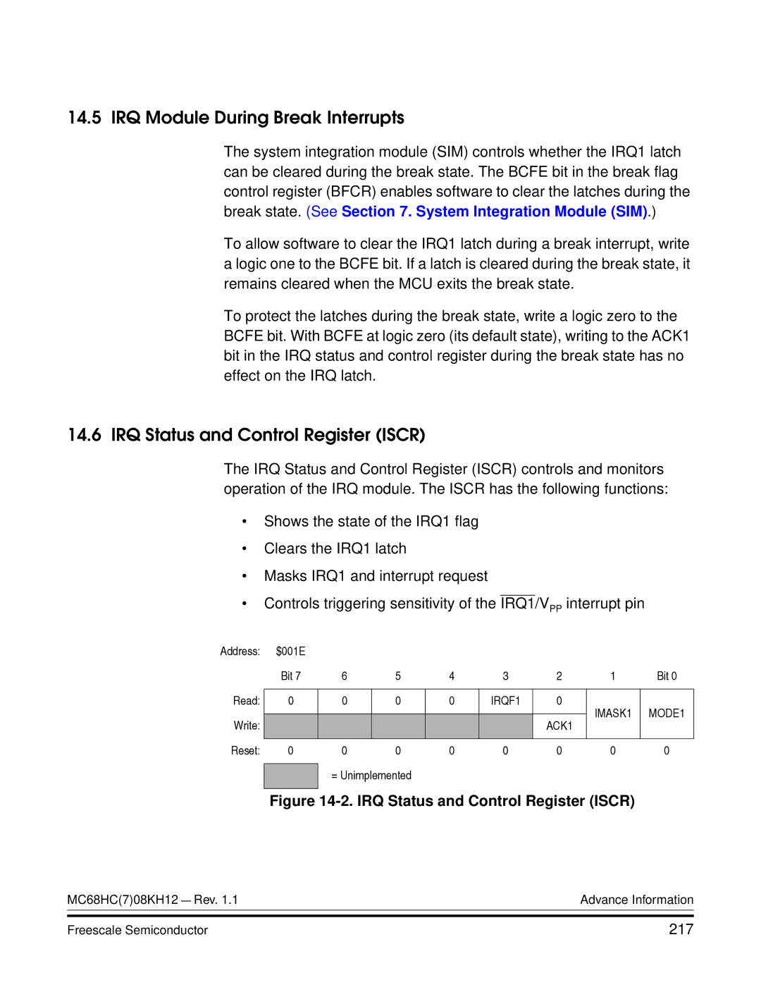 Freescale Semiconductor MC68HC08KH12 manual IRQ Module During Break Interrupts, IRQ Status and Control Register Iscr, 217 