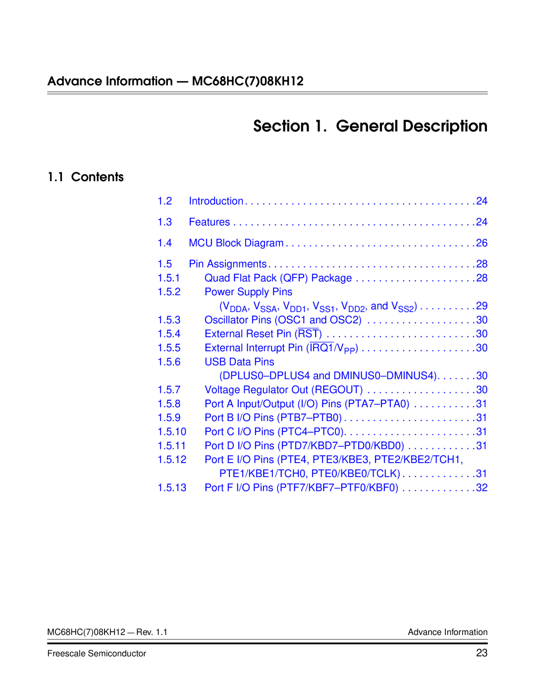Freescale Semiconductor MC68HC08KH12 manual General Description, Contents 