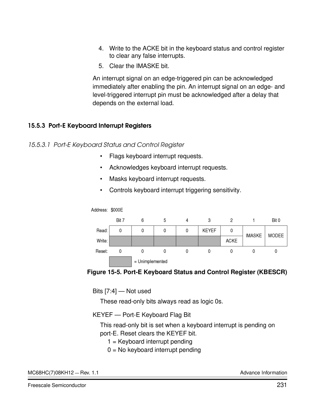 Freescale Semiconductor MC68HC08KH12 manual Port-E Keyboard Status and Control Register, 231 