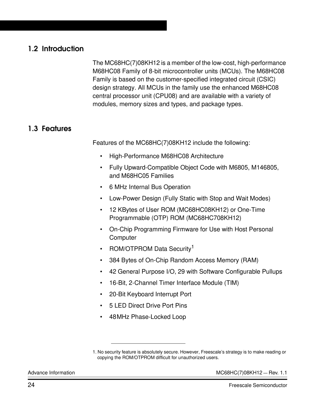 Freescale Semiconductor MC68HC08KH12 manual Introduction, Features 