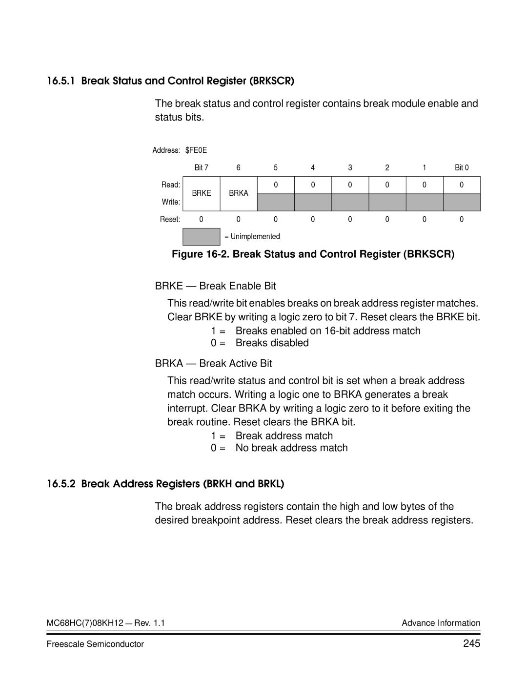 Freescale Semiconductor MC68HC08KH12 manual Break Status and Control Register Brkscr, 245 