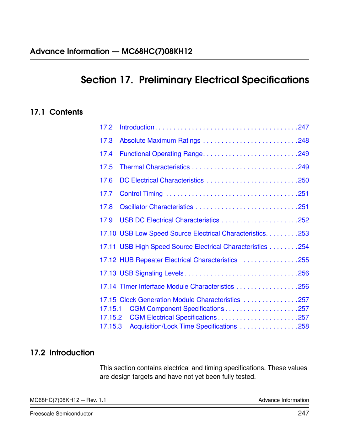 Freescale Semiconductor MC68HC08KH12 manual Preliminary Electrical Specifications, 247 