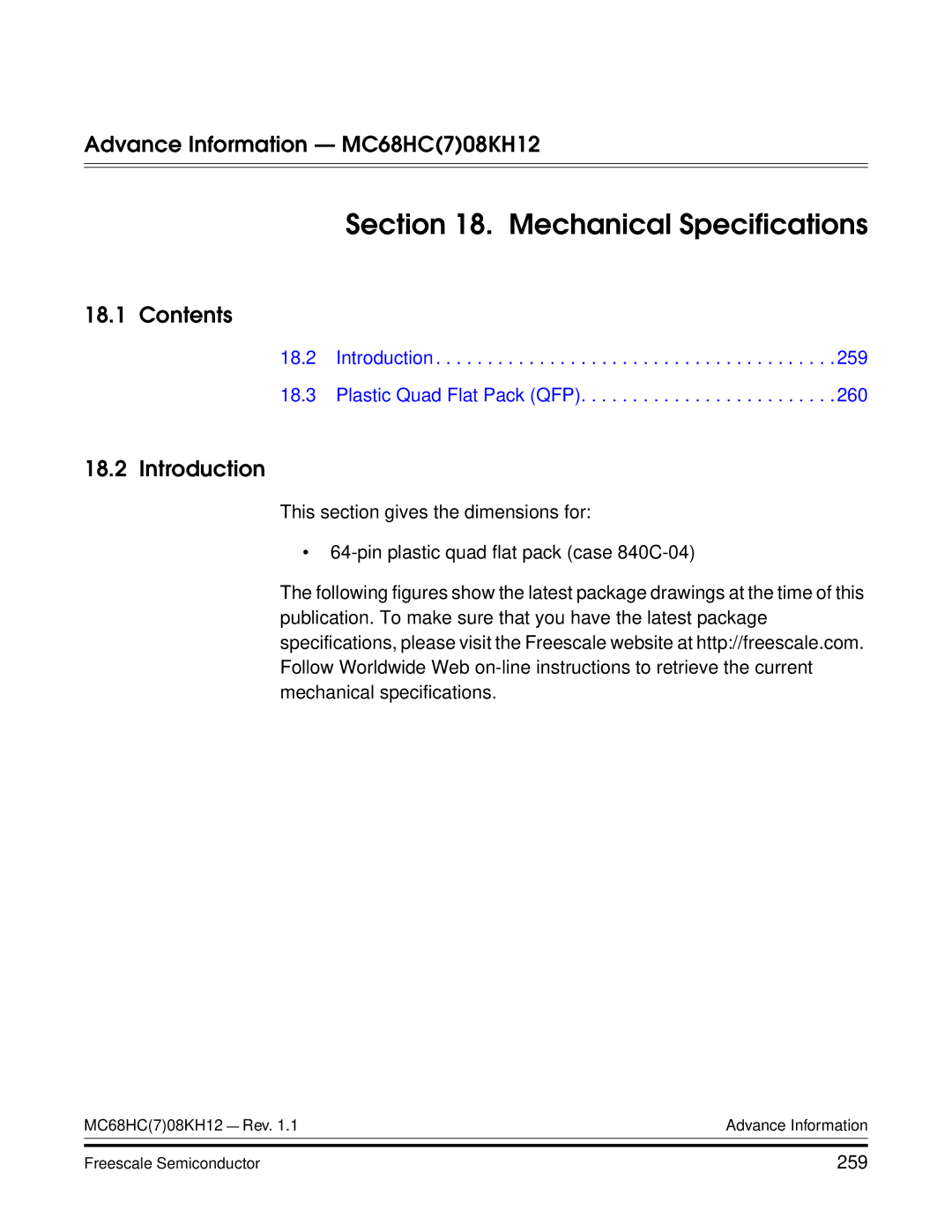 Freescale Semiconductor MC68HC08KH12 manual Mechanical Specifications, 259 