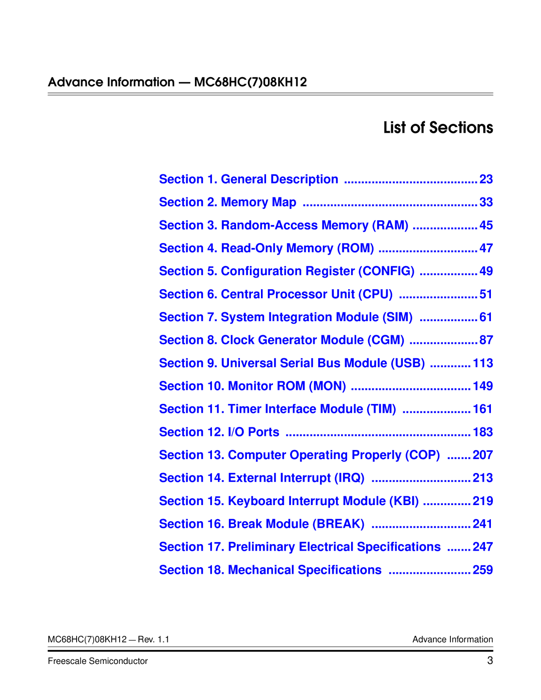 Freescale Semiconductor MC68HC08KH12 manual List of Sections, Advance Information MC68HC708KH12 