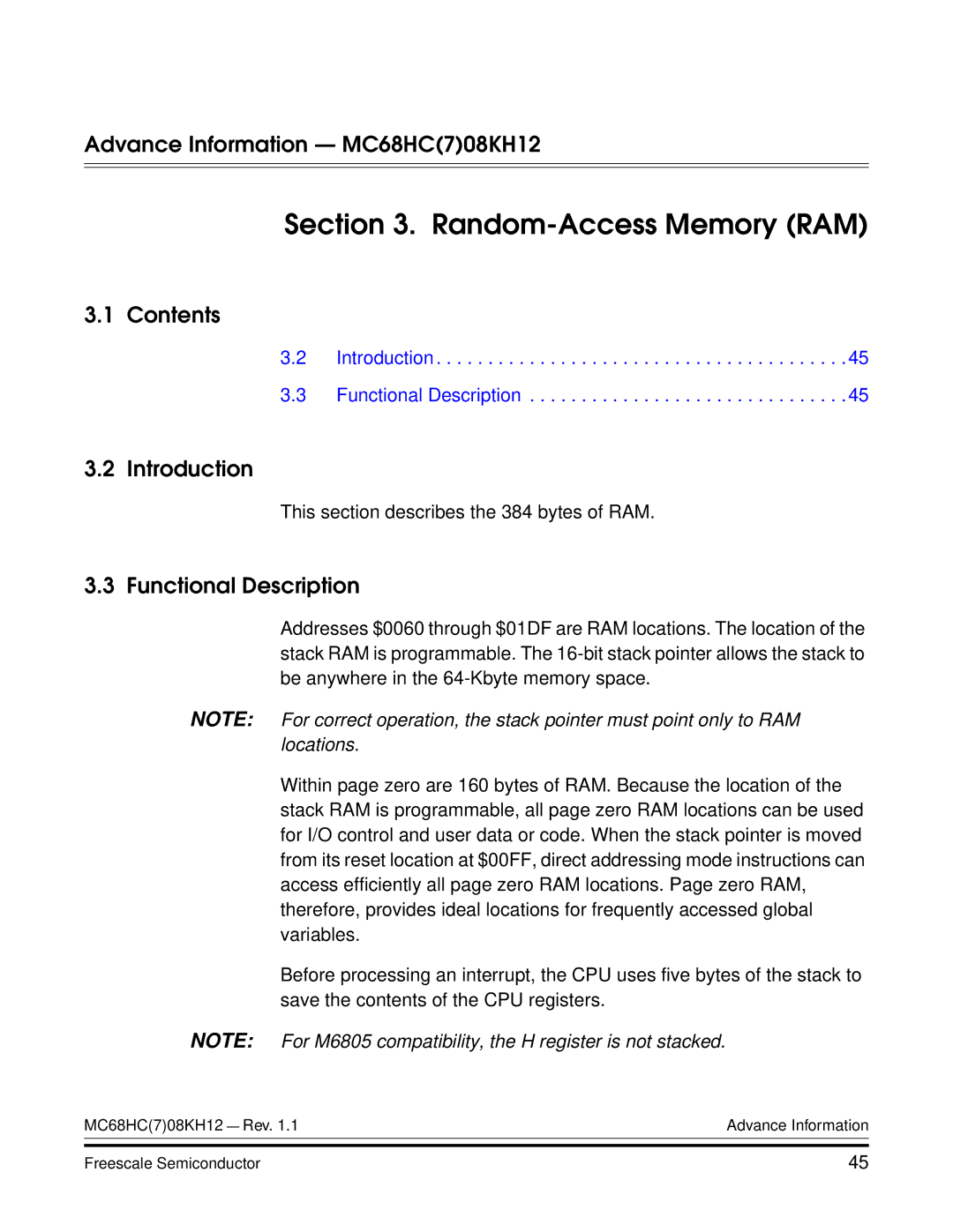 Freescale Semiconductor MC68HC08KH12 manual Random-Access Memory RAM, Functional Description 