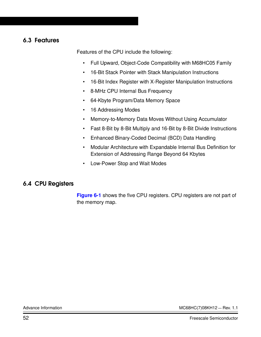 Freescale Semiconductor MC68HC08KH12 manual Features, CPU Registers 