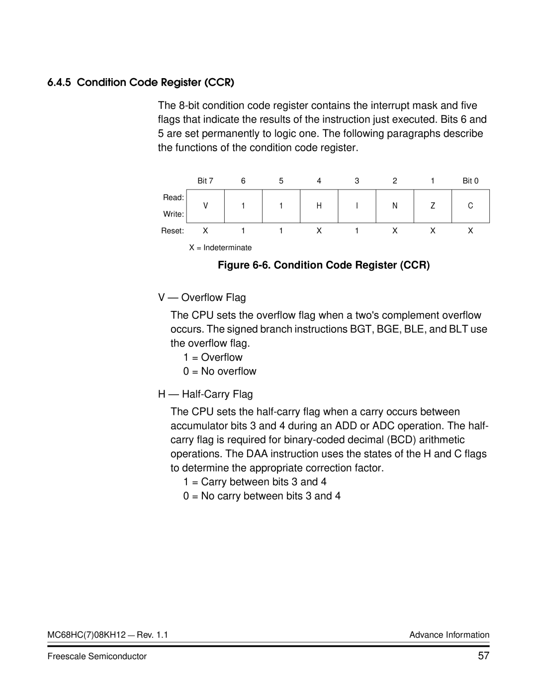 Freescale Semiconductor MC68HC08KH12 manual Condition Code Register CCR 