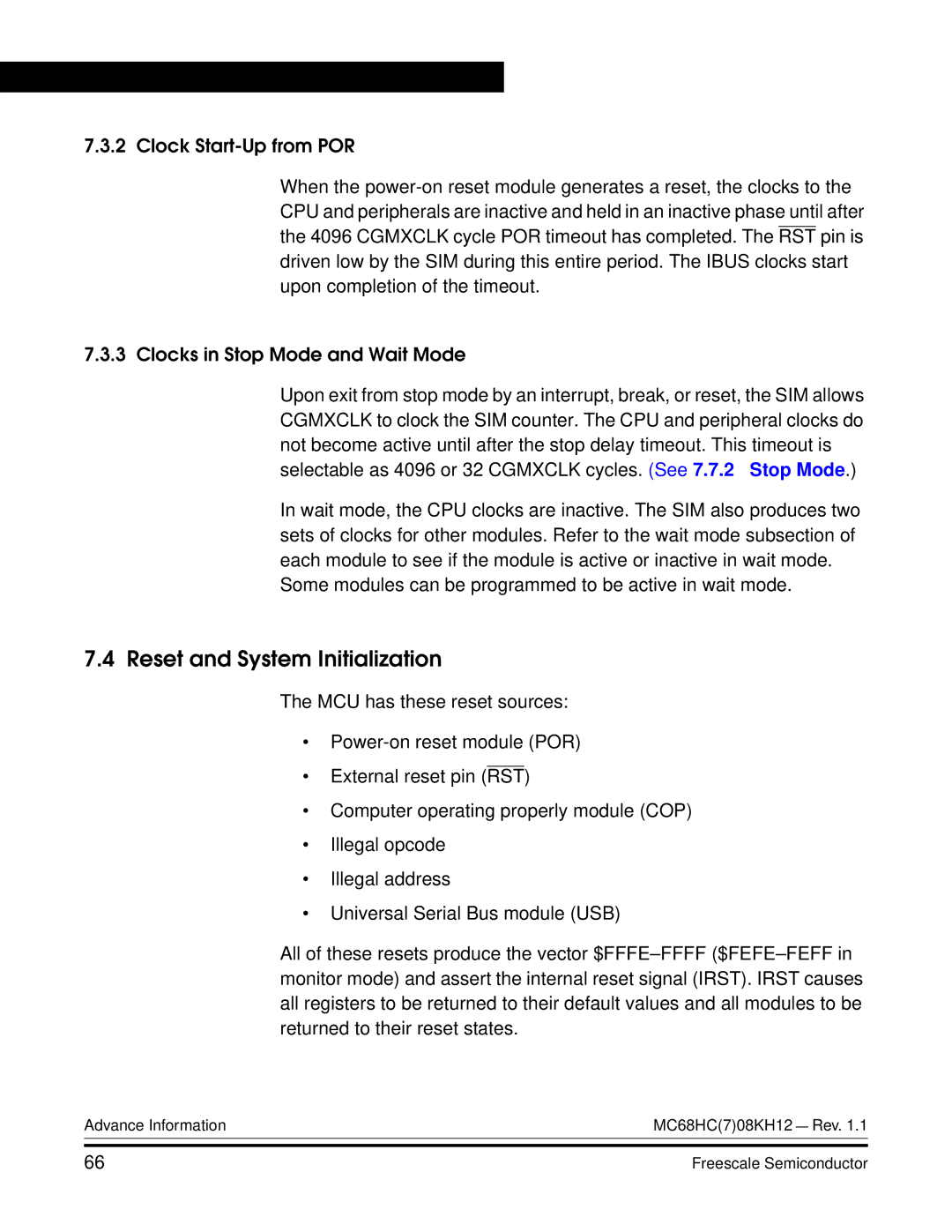 Freescale Semiconductor MC68HC08KH12 manual Reset and System Initialization 