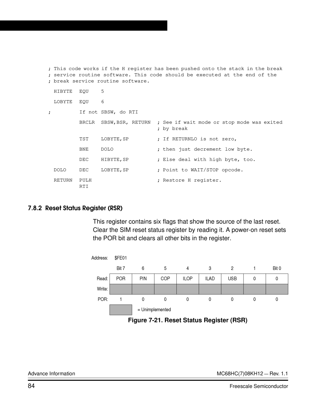 Freescale Semiconductor MC68HC08KH12 manual Reset Status Register RSR 