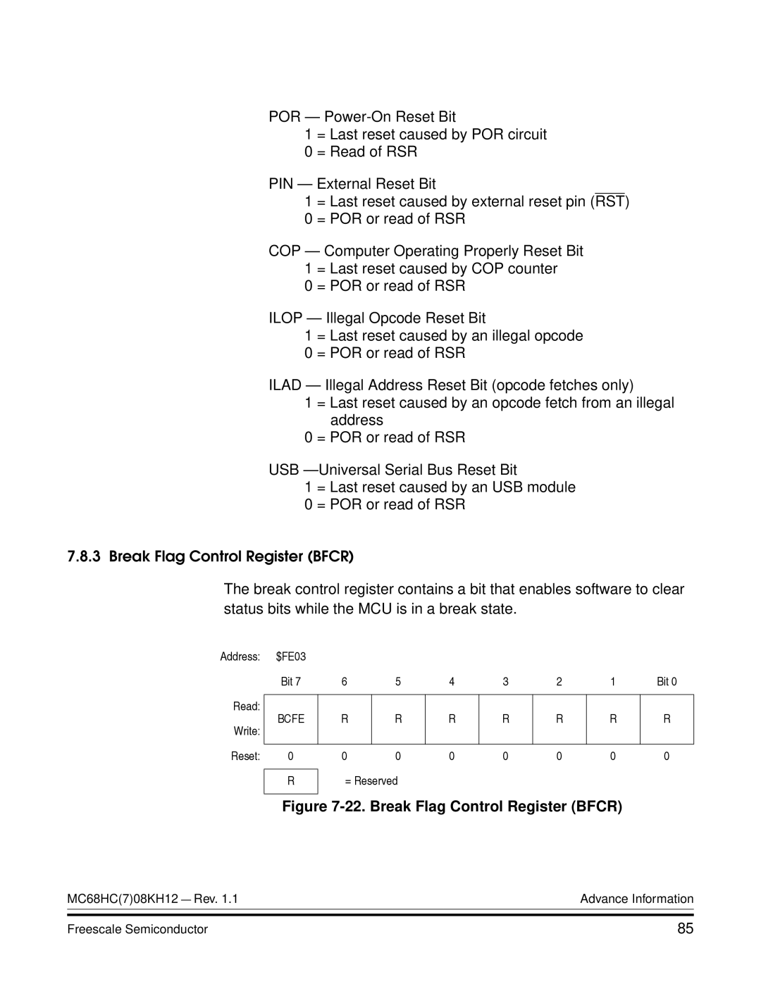 Freescale Semiconductor MC68HC08KH12 manual Break Flag Control Register Bfcr 