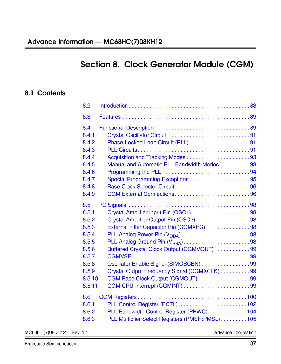 Freescale Semiconductor MC68HC08KH12 manual Clock Generator Module CGM, Advance Information MC68HC708KH12 