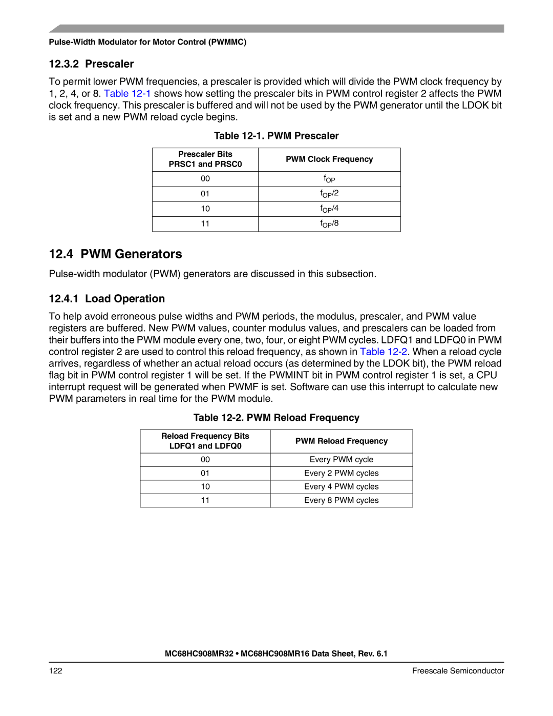 Freescale Semiconductor MC68HC908MR32 manual PWM Generators, Load Operation, PWM Prescaler, PWM Reload Frequency 