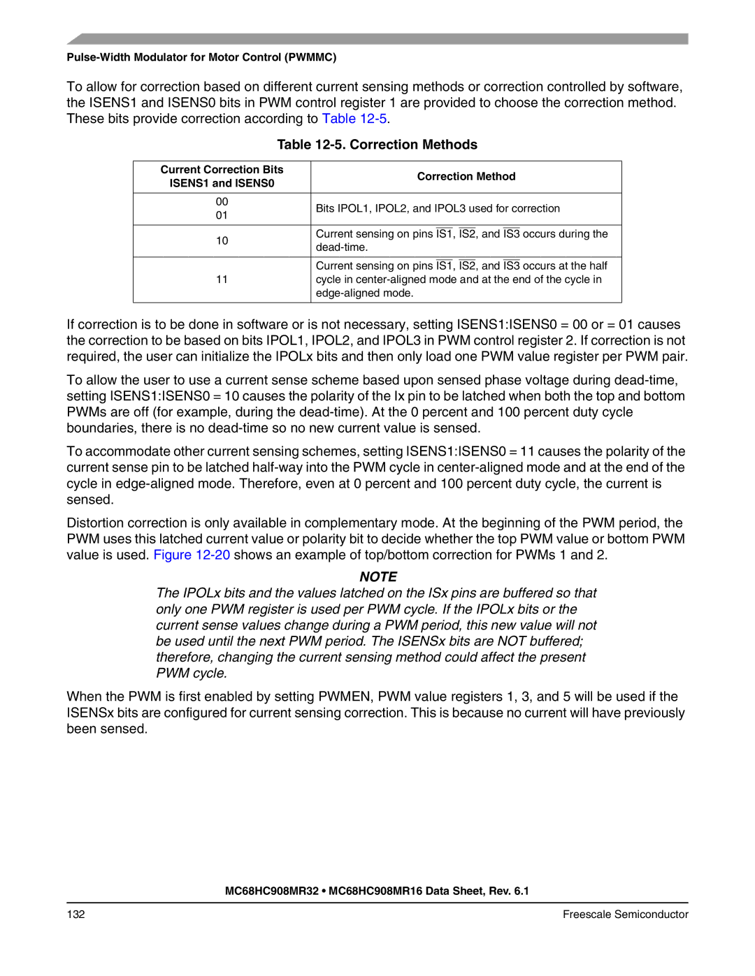 Freescale Semiconductor MC68HC908MR32 Correction Methods, Current Correction Bits Correction Method ISENS1 and ISENS0 