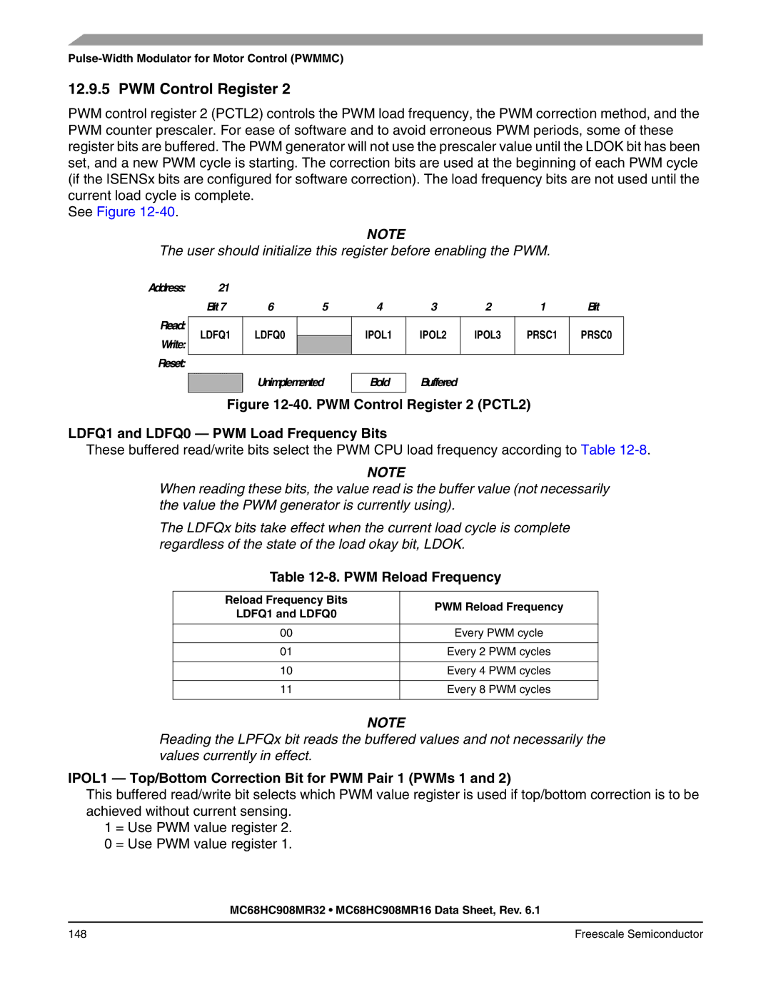 Freescale Semiconductor MC68HC908MR32 manual PWM Reload Frequency, IPOL1 Top/Bottom Correction Bit for PWM Pair 1 PWMs 1 