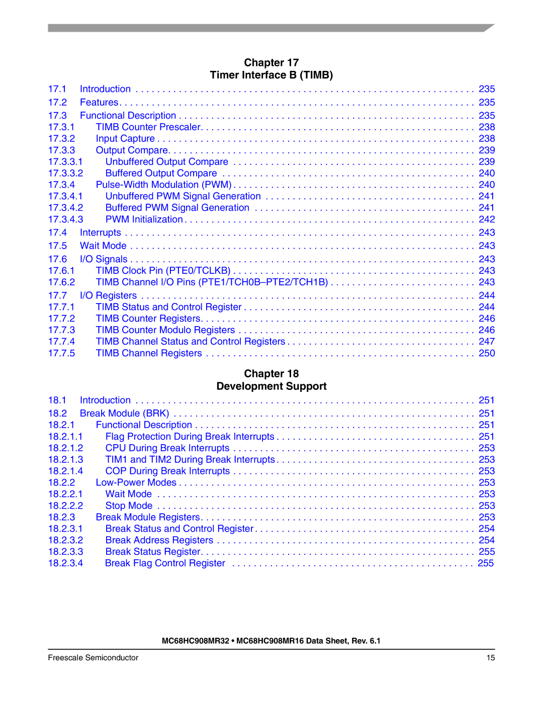 Freescale Semiconductor MC68HC908MR16, MC68HC908MR32 manual Chapter Timer Interface B Timb, Chapter Development Support 