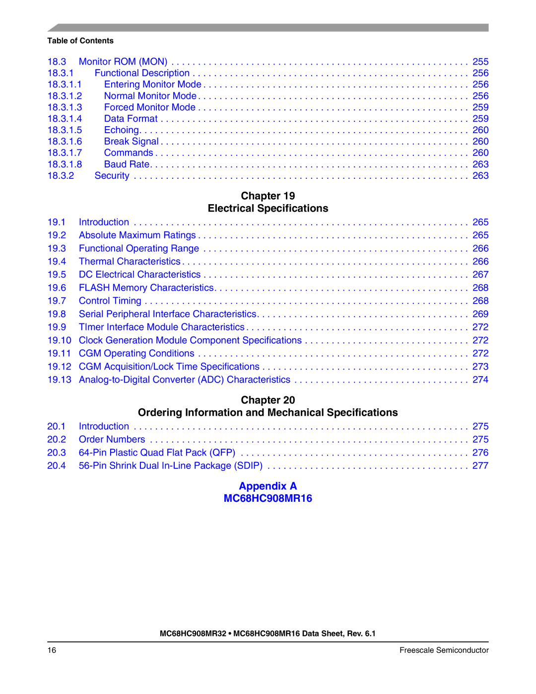 Freescale Semiconductor MC68HC908MR32, MC68HC908MR16 manual Chapter Electrical Specifications 