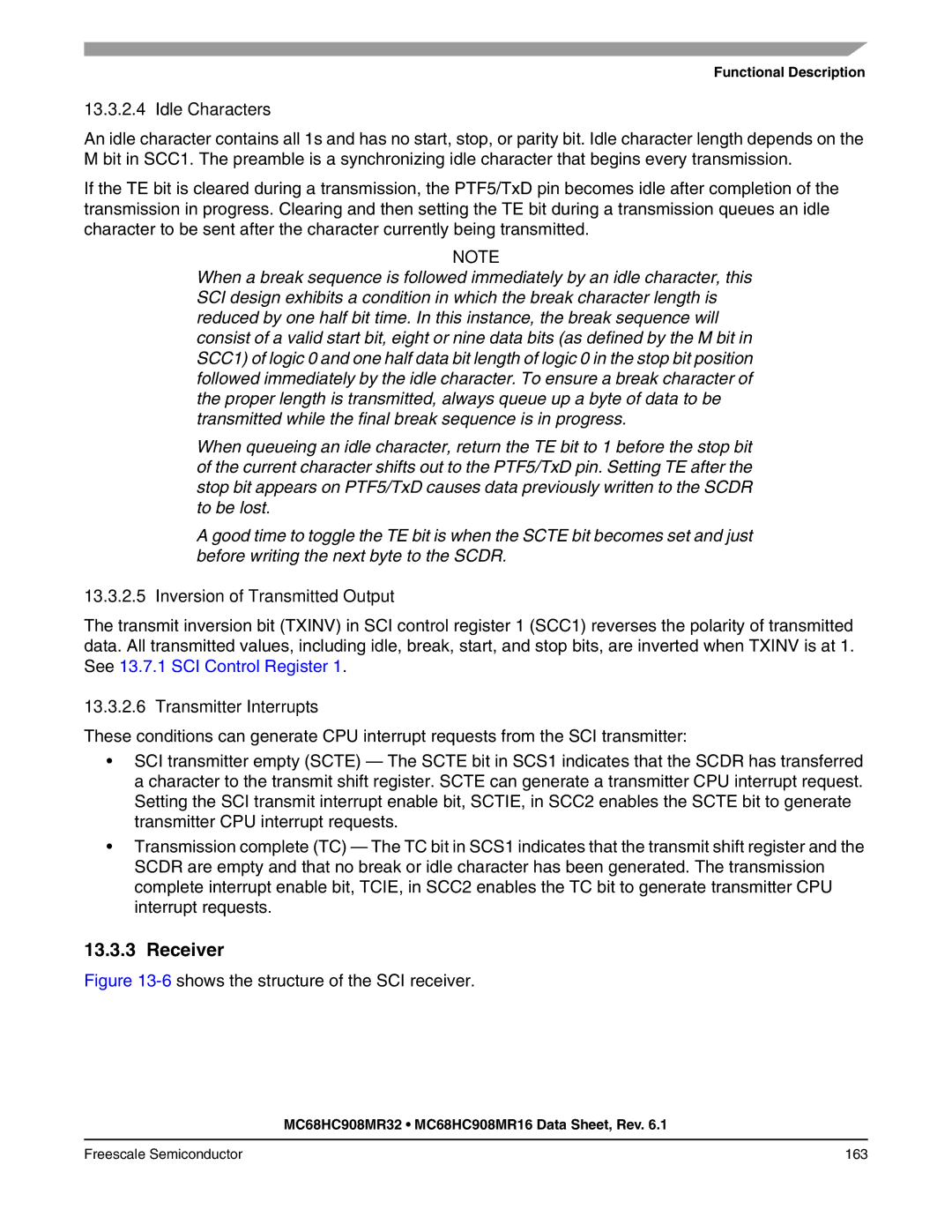 Freescale Semiconductor MC68HC908MR16 Receiver, Idle Characters, Inversion of Transmitted Output, Transmitter Interrupts 