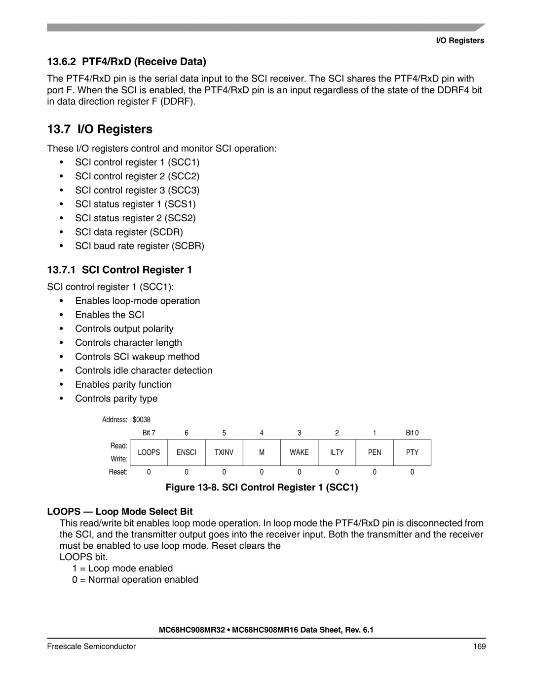 Freescale Semiconductor MC68HC908MR16 manual 13.7 I/O Registers, 13.6.2 PTF4/RxD Receive Data, SCI Control Register 