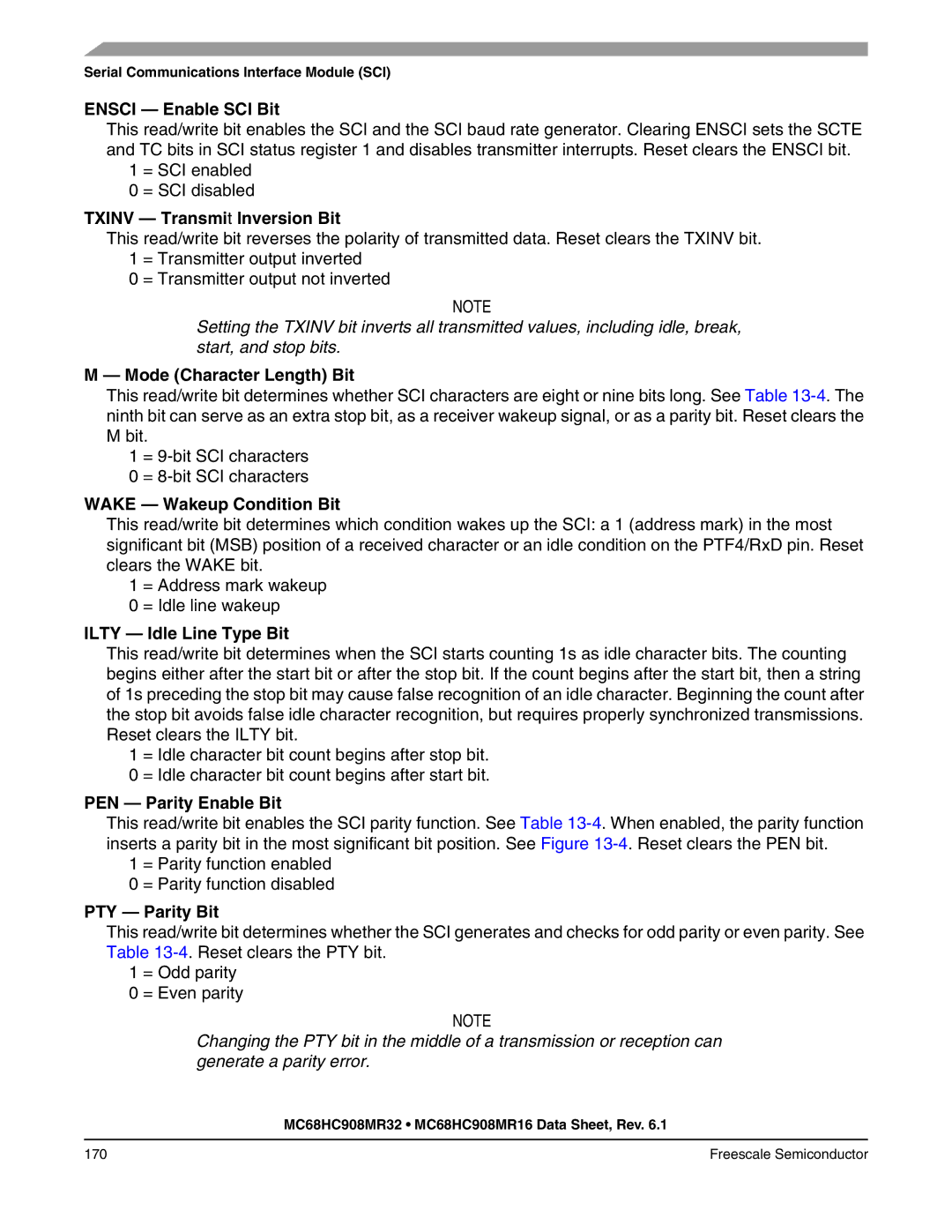 Freescale Semiconductor MC68HC908MR32 manual Ensci Enable SCI Bit, Txinv Transmit Inversion Bit, Mode Character Length Bit 