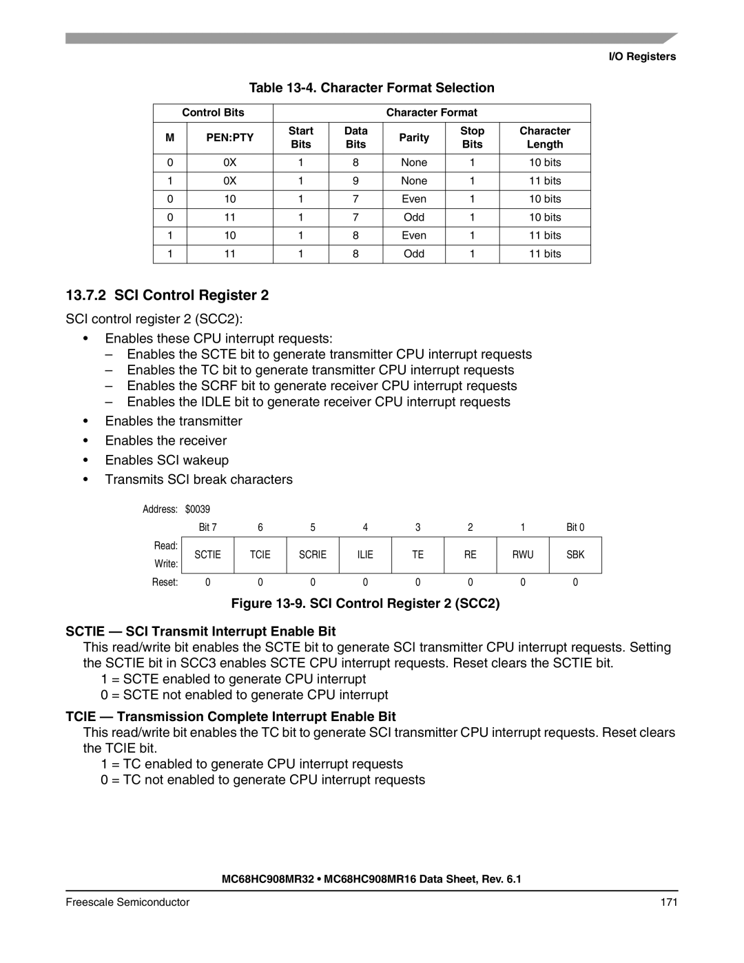 Freescale Semiconductor MC68HC908MR16 manual Character Format Selection, Tcie Transmission Complete Interrupt Enable Bit 