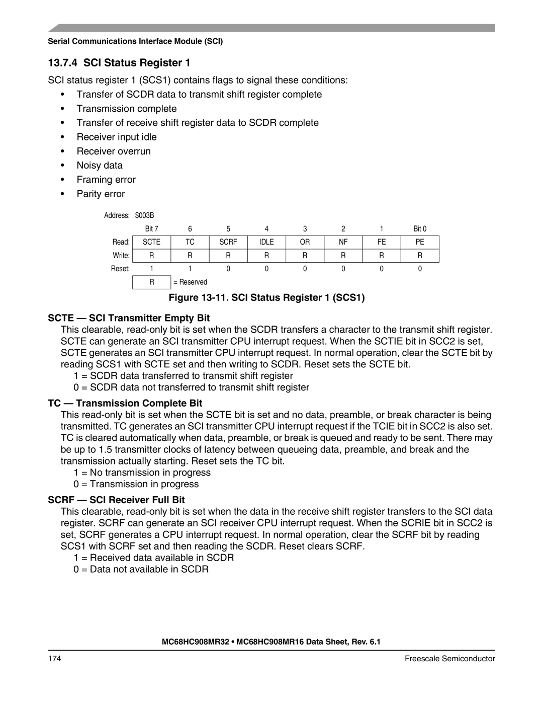 Freescale Semiconductor MC68HC908MR32 manual SCI Status Register, TC Transmission Complete Bit, Scrf SCI Receiver Full Bit 