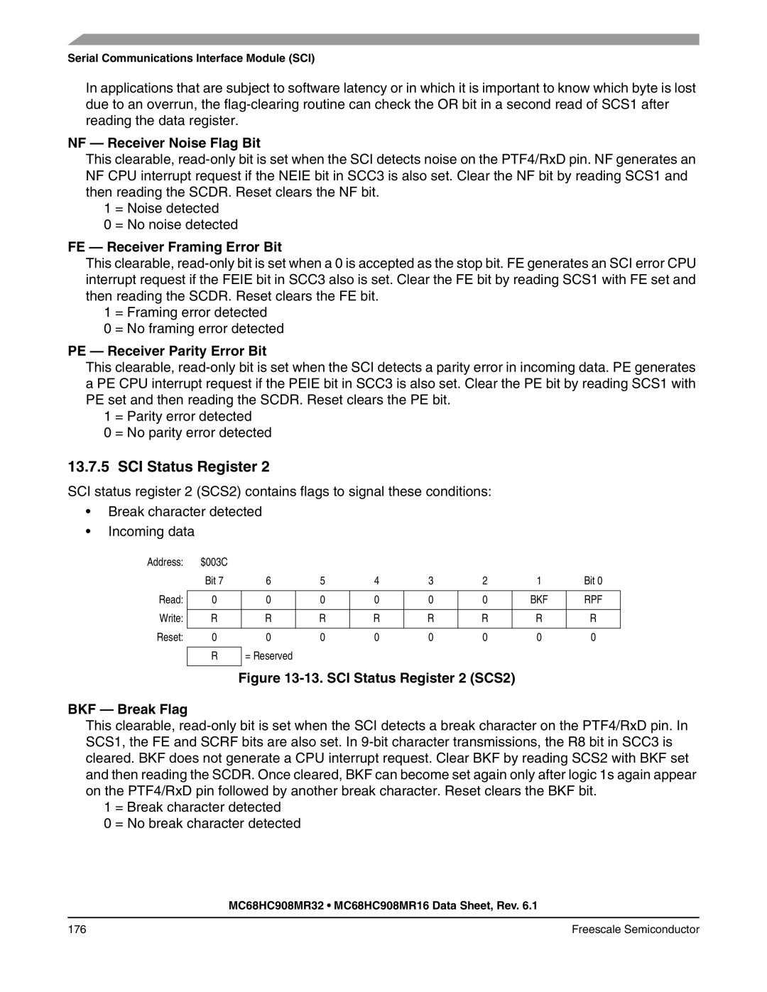 Freescale Semiconductor MC68HC908MR32, MC68HC908MR16 manual NF Receiver Noise Flag Bit, FE Receiver Framing Error Bit 