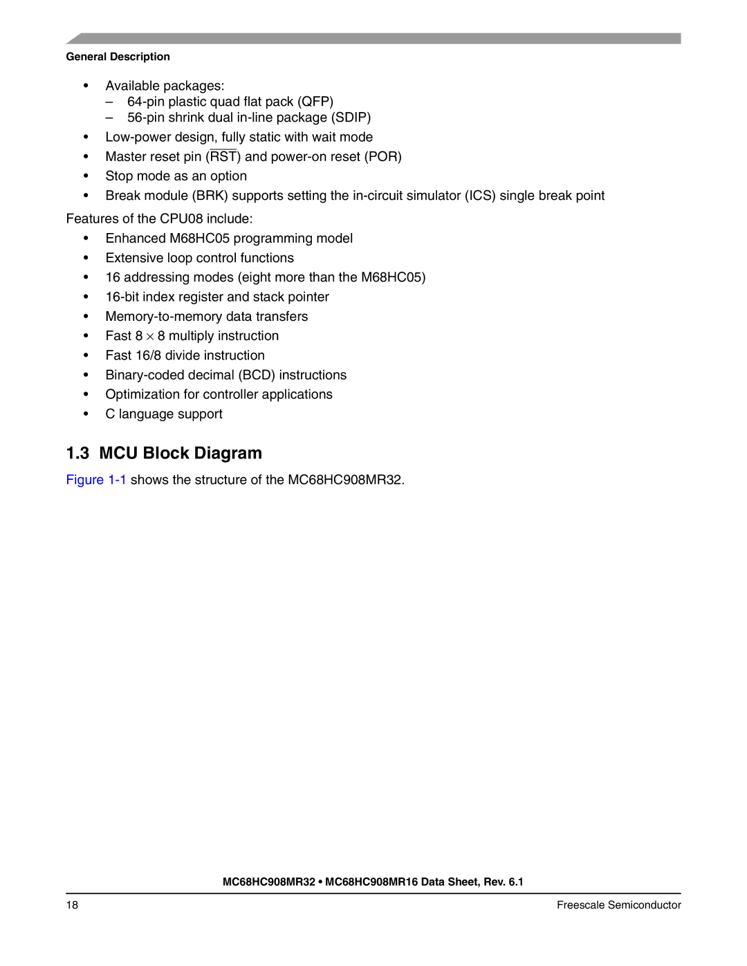 Freescale Semiconductor MC68HC908MR32, MC68HC908MR16 manual MCU Block Diagram, General Description 