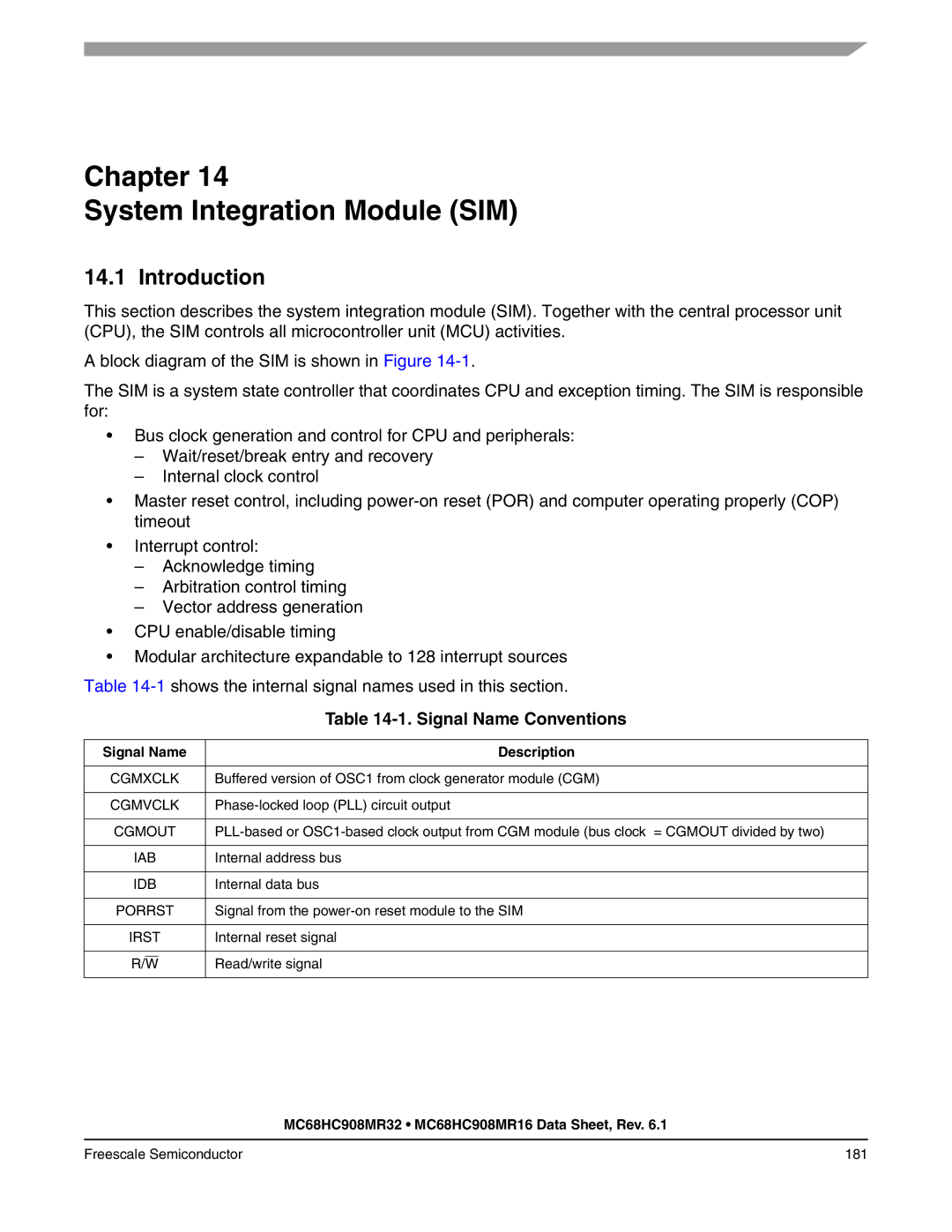 Freescale Semiconductor MC68HC908MR16, MC68HC908MR32 manual Chapter System Integration Module SIM, Signal Name Conventions 