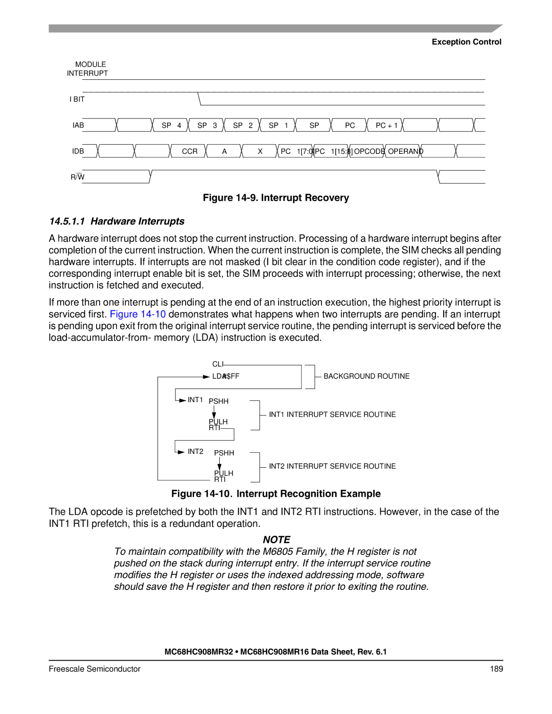 Freescale Semiconductor MC68HC908MR16, MC68HC908MR32 manual Interrupt Recovery, Hardware Interrupts 