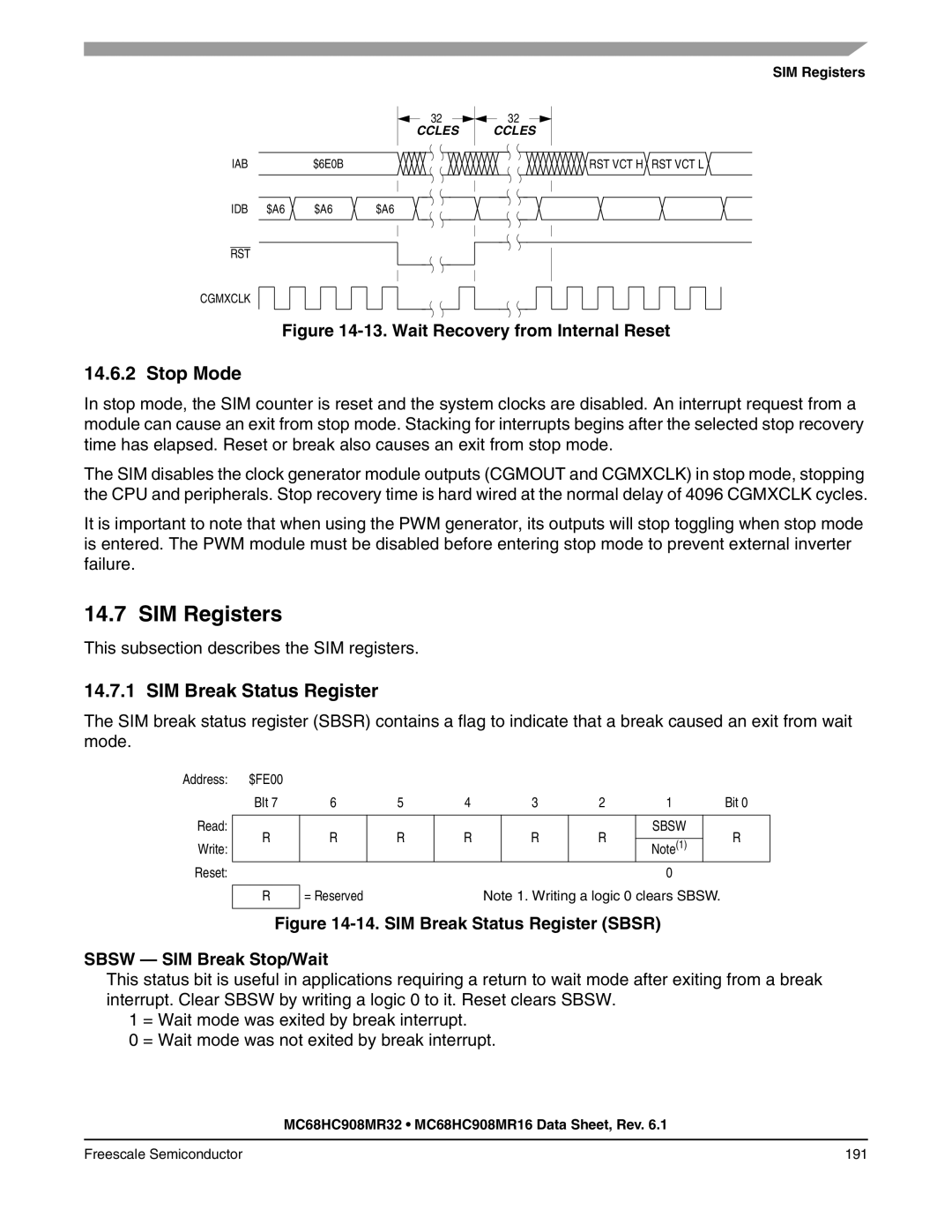 Freescale Semiconductor MC68HC908MR16, MC68HC908MR32 manual SIM Registers, SIM Break Status Register 