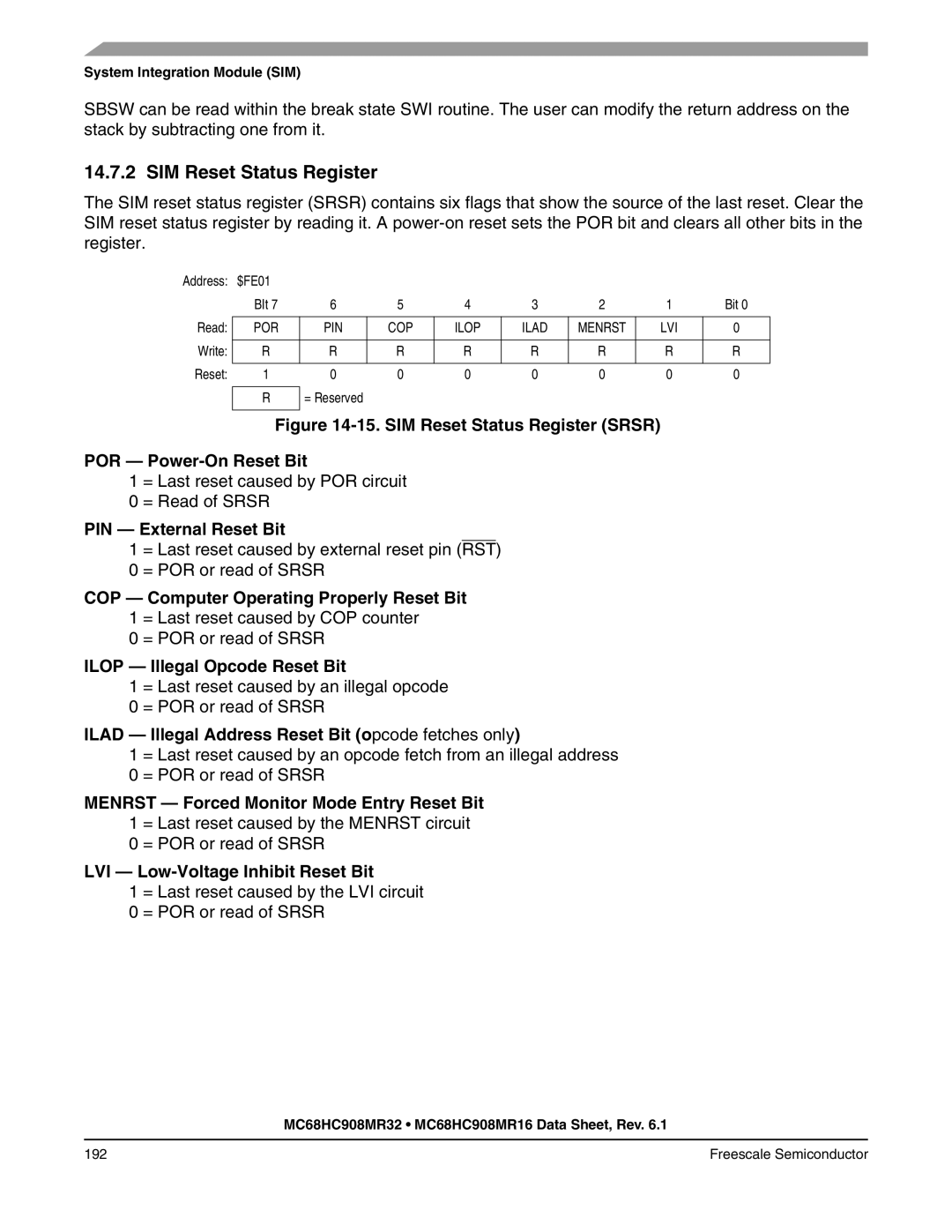 Freescale Semiconductor MC68HC908MR32 SIM Reset Status Register, PIN External Reset Bit, Ilop Illegal Opcode Reset Bit 