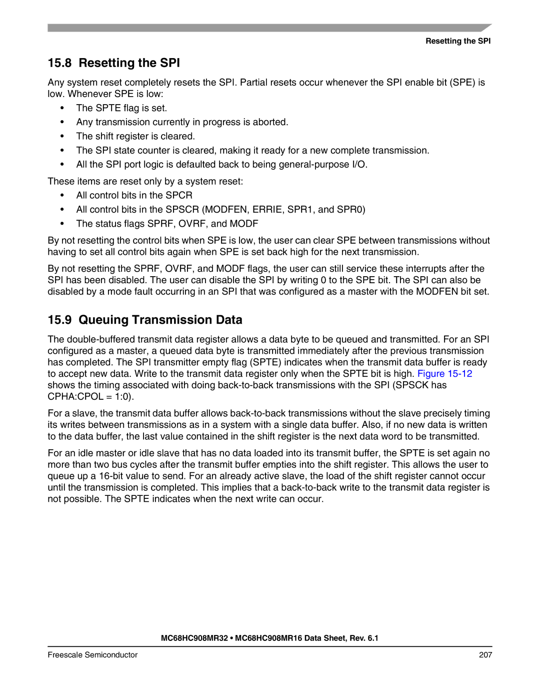 Freescale Semiconductor MC68HC908MR16, MC68HC908MR32 manual Resetting the SPI, Queuing Transmission Data 