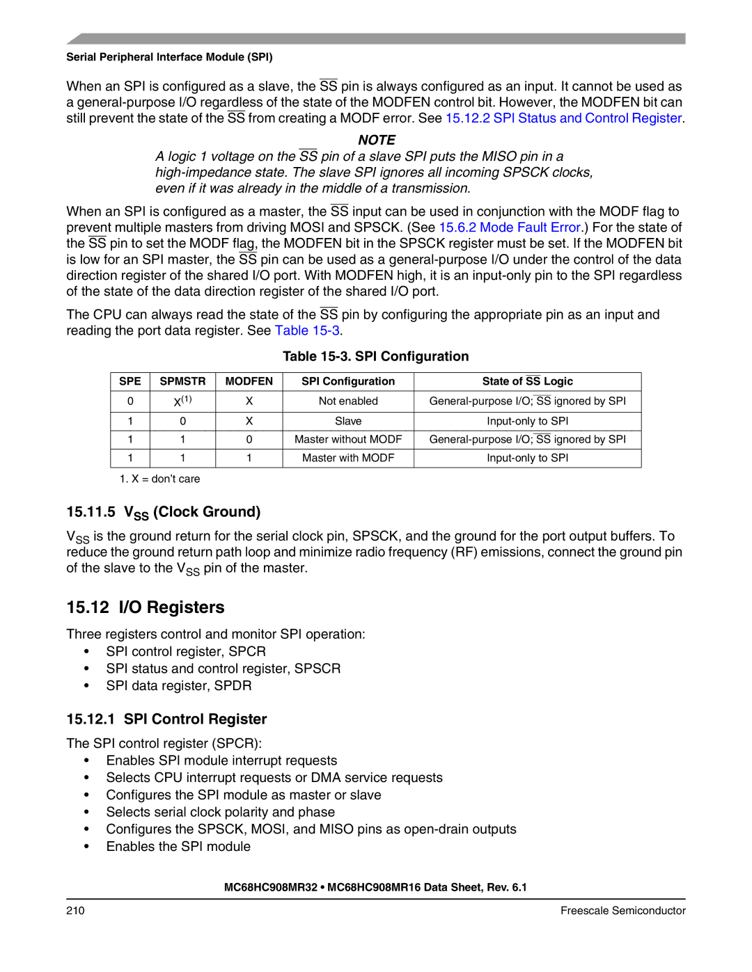 Freescale Semiconductor MC68HC908MR32 manual 15.12 I/O Registers, VSS Clock Ground, SPI Control Register, SPI Configuration 