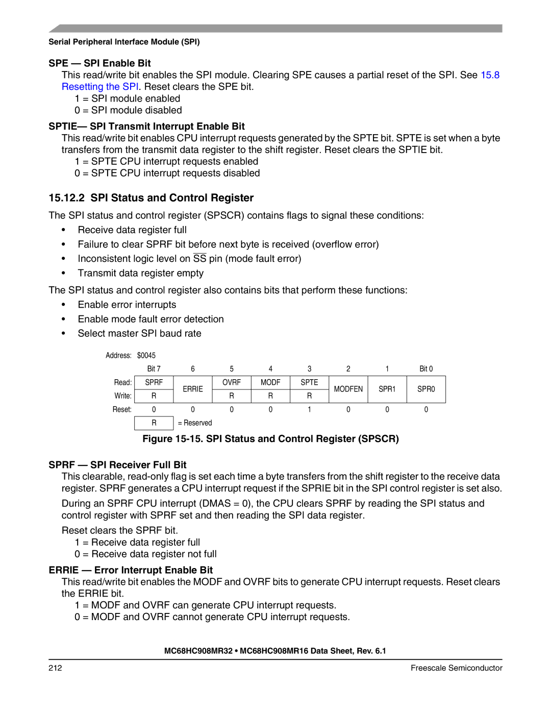 Freescale Semiconductor MC68HC908MR32, MC68HC908MR16 manual SPI Status and Control Register, SPE SPI Enable Bit 