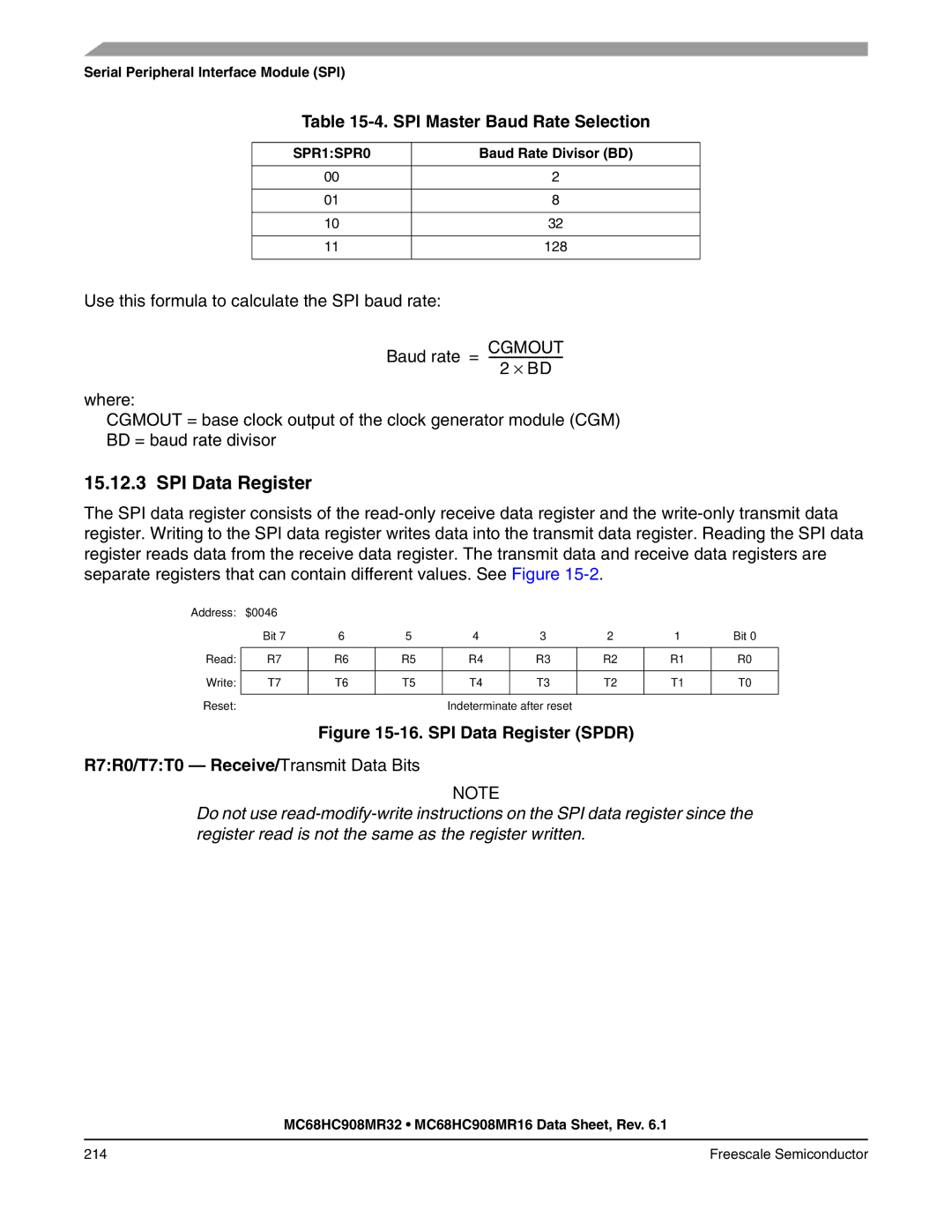 Freescale Semiconductor MC68HC908MR32, MC68HC908MR16 manual SPI Data Register, SPI Master Baud Rate Selection 