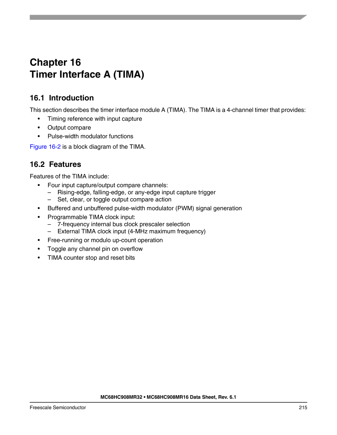 Freescale Semiconductor MC68HC908MR16, MC68HC908MR32 manual Chapter Timer Interface a Tima, 2is a block diagram of the Tima 