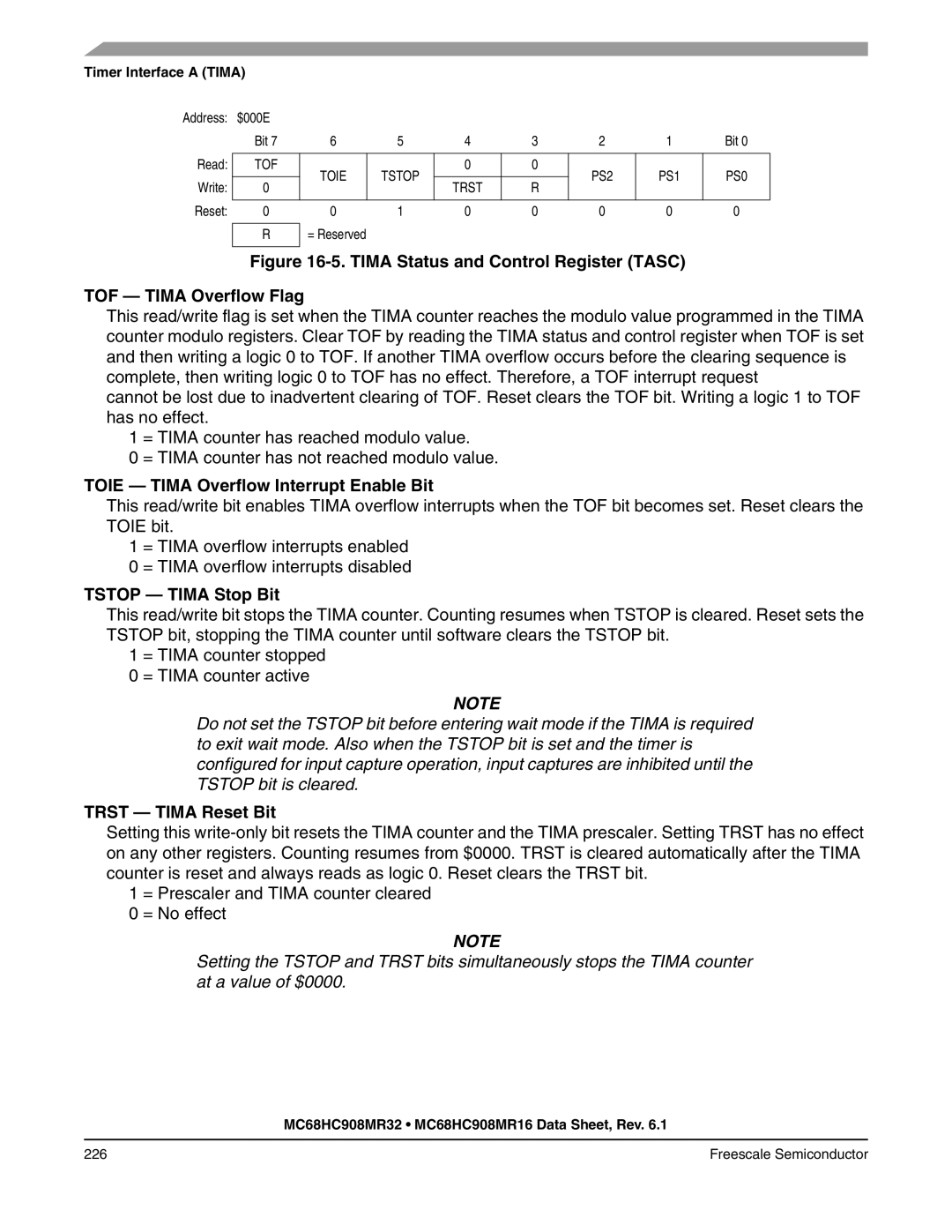 Freescale Semiconductor MC68HC908MR32 Toie Tima Overflow Interrupt Enable Bit, Tstop Tima Stop Bit, Trst Tima Reset Bit 